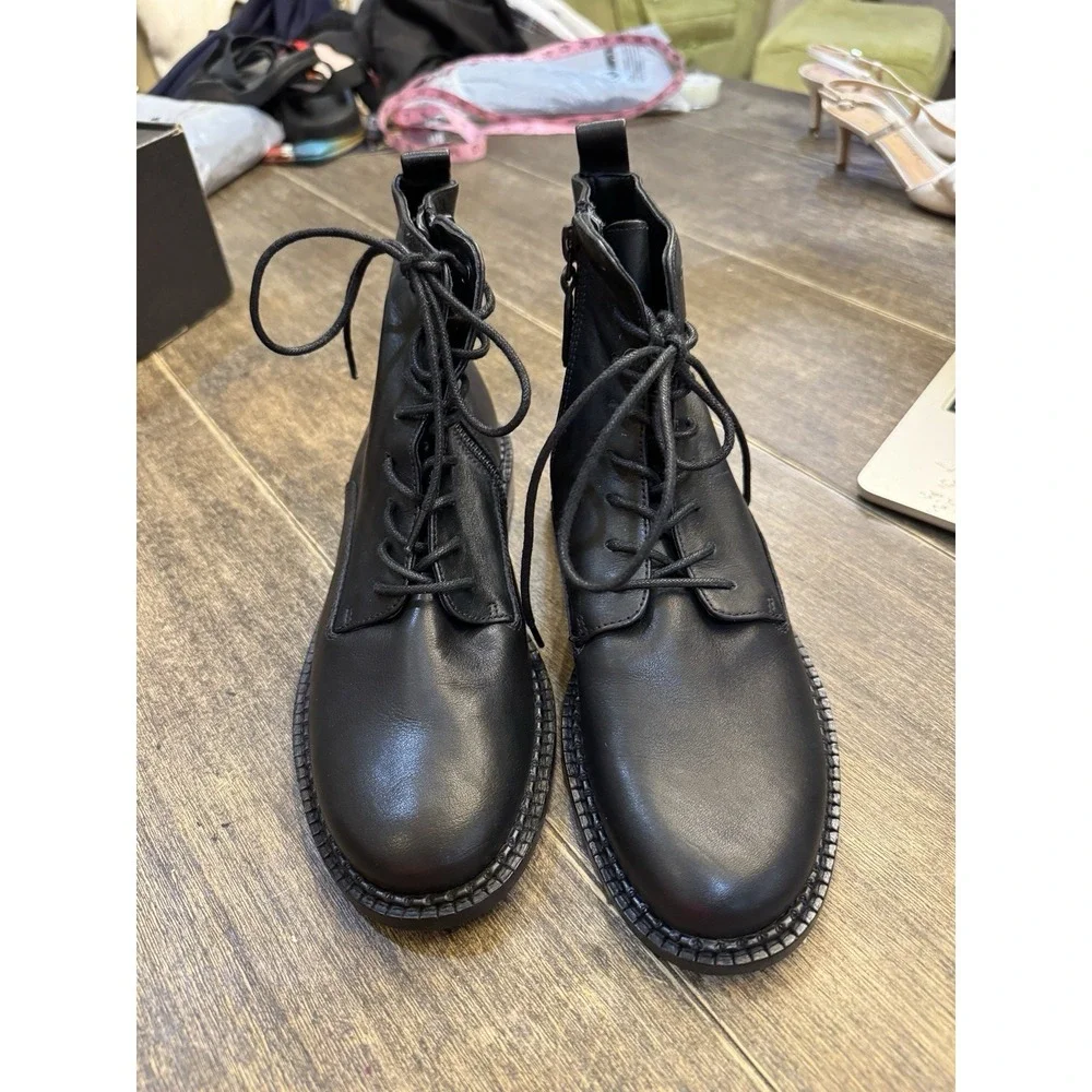 Vince Womens Size 6.5 Black‎ Leather Zip Lace Up Ankle Fashion Boots Bootie